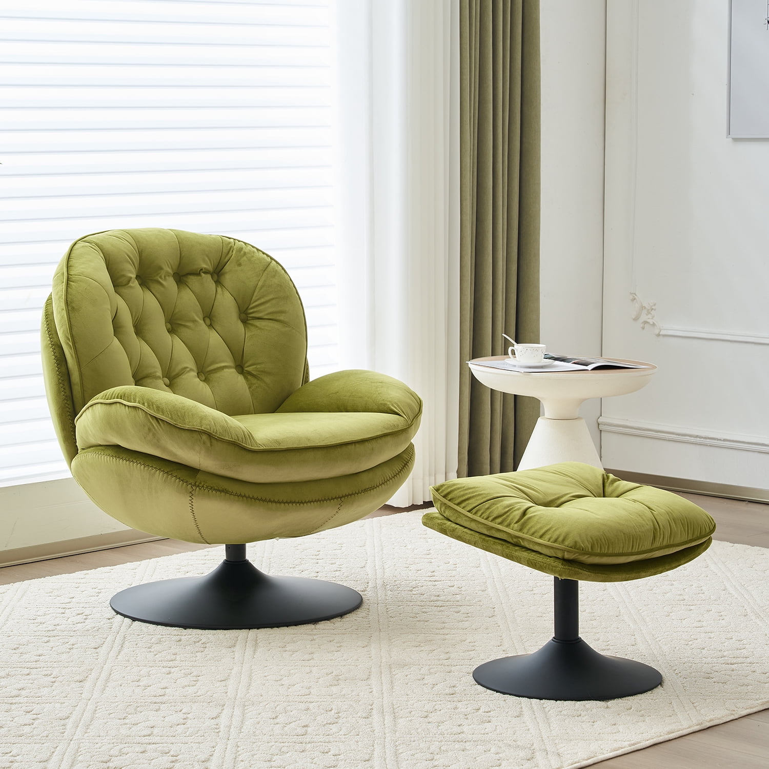 Comfort Stretch Velvet Swivel Accent Chair with Ottoman Round Reading Chair with Foot Stool Set Apple Green