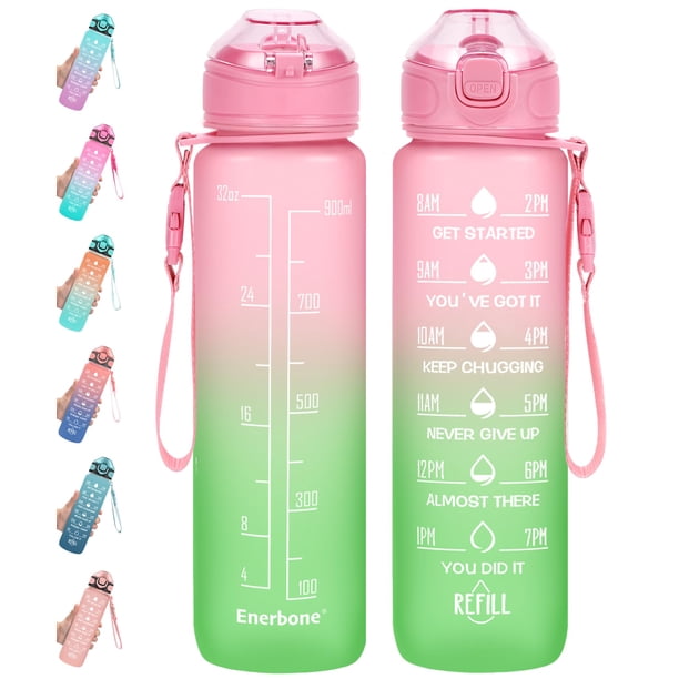 Enerbone Botella de agua de 32 oz con tiempos para beber y pajita, botellas motivacionales para beber, correa de transporte, a prueba de fugas, libre de BPA y tóxicos, garantiza lo suficiente para hac