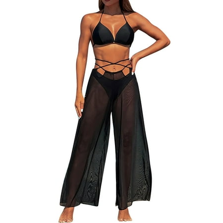 Rigardu Hot Sale!! Womens Bikini Set High Waisted Mesh Coverup Pants Ruffled 3 Piece Swimsuit Set Women s Tobikini Set with Breast Pad High Waisted Mesh Pants 3 Piece Swimsuit Set Black L