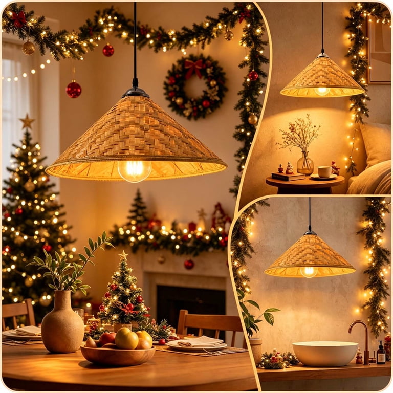 Permaid Shape Woven Bamboo Pendant Lamp Shade Pyramid Shape Hanging Light Cover for ...
