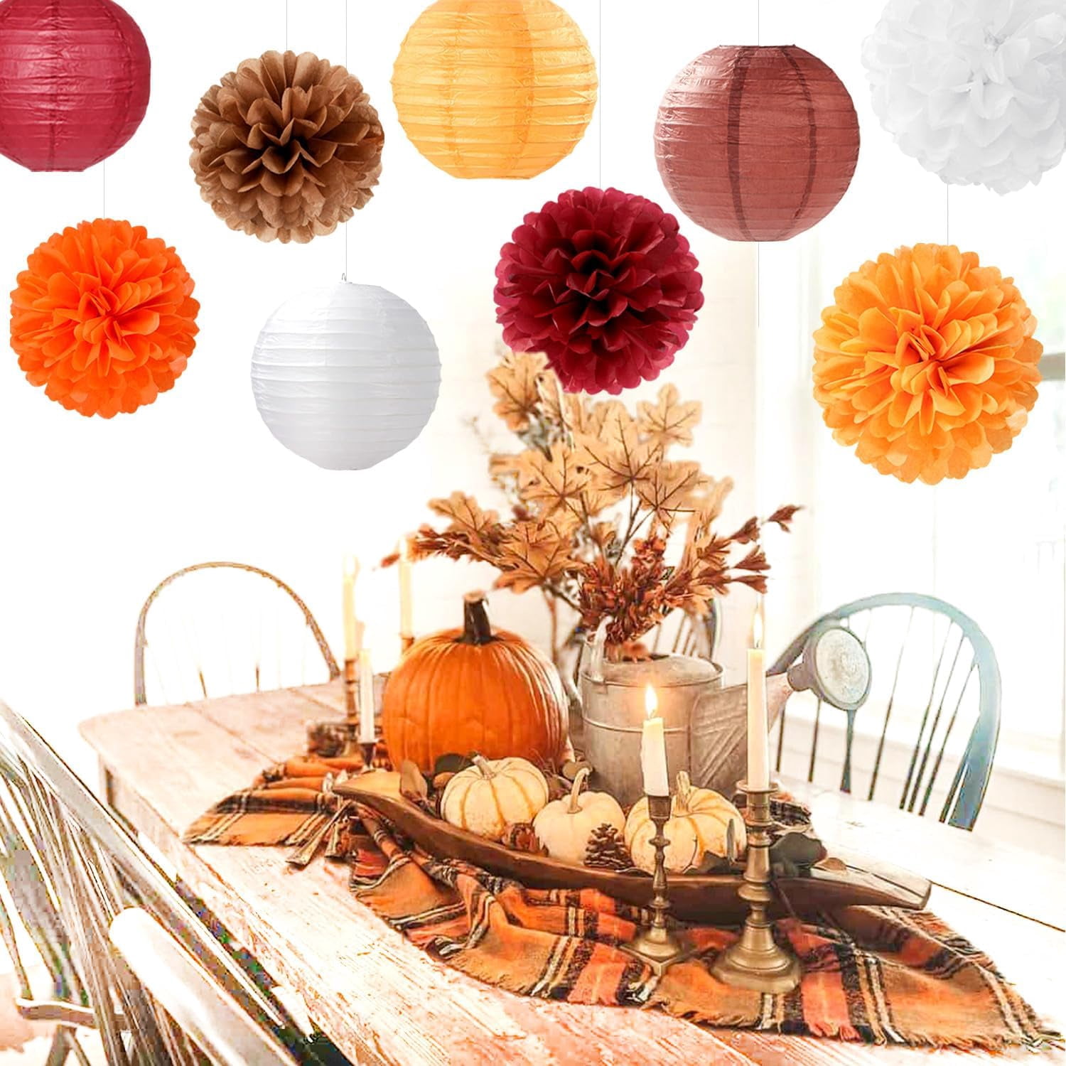 NestE-Brown Burgundy-Orange Party-Decorations Paper-Flowers Lanterns - 15PCS Fall Boho Tissue Pom Poms Streamers,Baby Bridal Shower Rustic Wedding Neutral Birthday Coffee Halloween ThanksgivingDecor