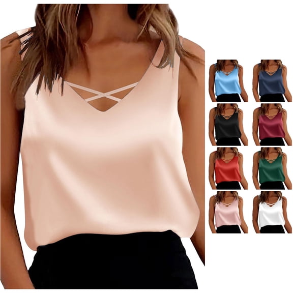 XIAONU Womens Solid Crisscross Tank Top Sleeveless V Neck Relaxed Fit Daily Blouse