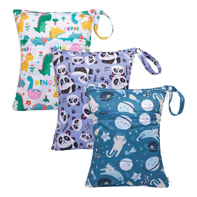 Wet Dry Bags 3 Pack, Waterproof Reusable Travel Bags for Swimsuits, Baby Cloth Diapers, Beach, Pool, Gym Bag & Wet Clothes with 2 Pockets L-BWG