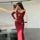 thumbnail image 3 of Gathered Long Sleeve One Shoulder Dress High Waist Pleated Bodycon Long Skirt Sexy Solid Color Milk Silk, 3 of 4