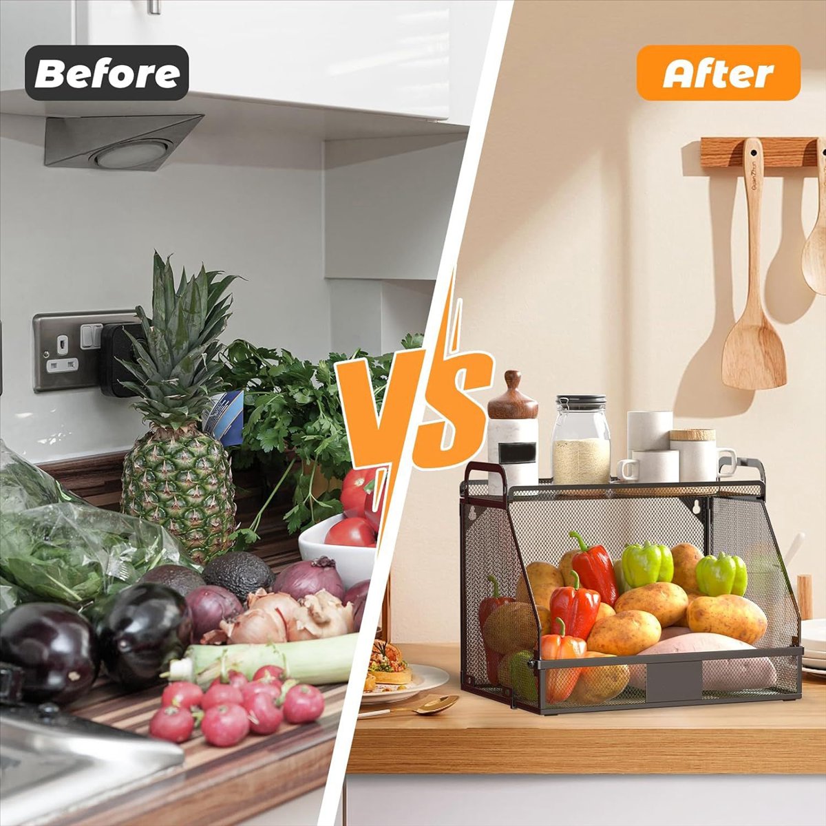 Hanging Fruit Basket for Kitchen, Kitchen Organizers and Storage Potato Onion Wall Baskets Pantry Black
