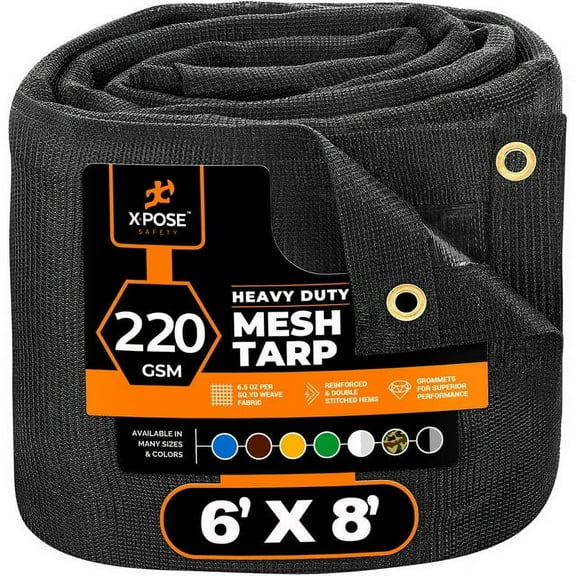 Xpose Safety Heavy Duty Mesh Tarp – 10’ x 12’ Multipurpose Black Protective Cover with Air Flow - Use for Tie Downs, Shade, Fences, Canopies, Dump Trucks – Tear Resistant