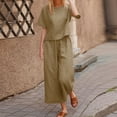 thumbnail image 2 of Women's 2 Piece Clothing Summer Casual Short Sleeves Round Neck Crop Top Wide Leg Pants Casual Matching Set Womens Summer Capris Lightweight Casual, 2 of 7