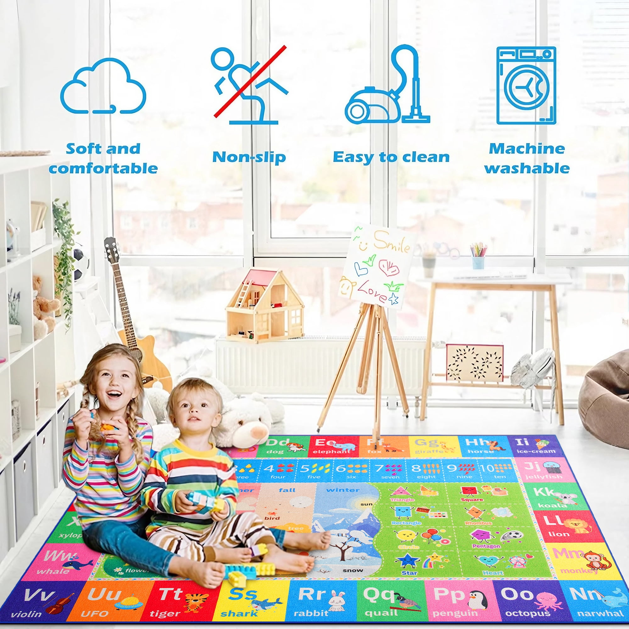 Dwelke Kids Rugs Alphabet Seasons Educational Carpet Play Rug for Playroom Mat Alphabet Area Rug 5'x7'