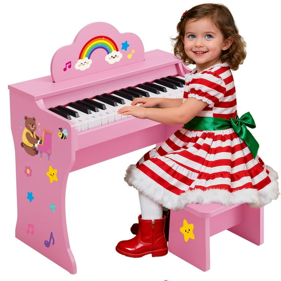 Pink 37Keys Kids Digital Piano Keyboards Wooden Toys for Toddlers Music Education w/Bench,Stickers