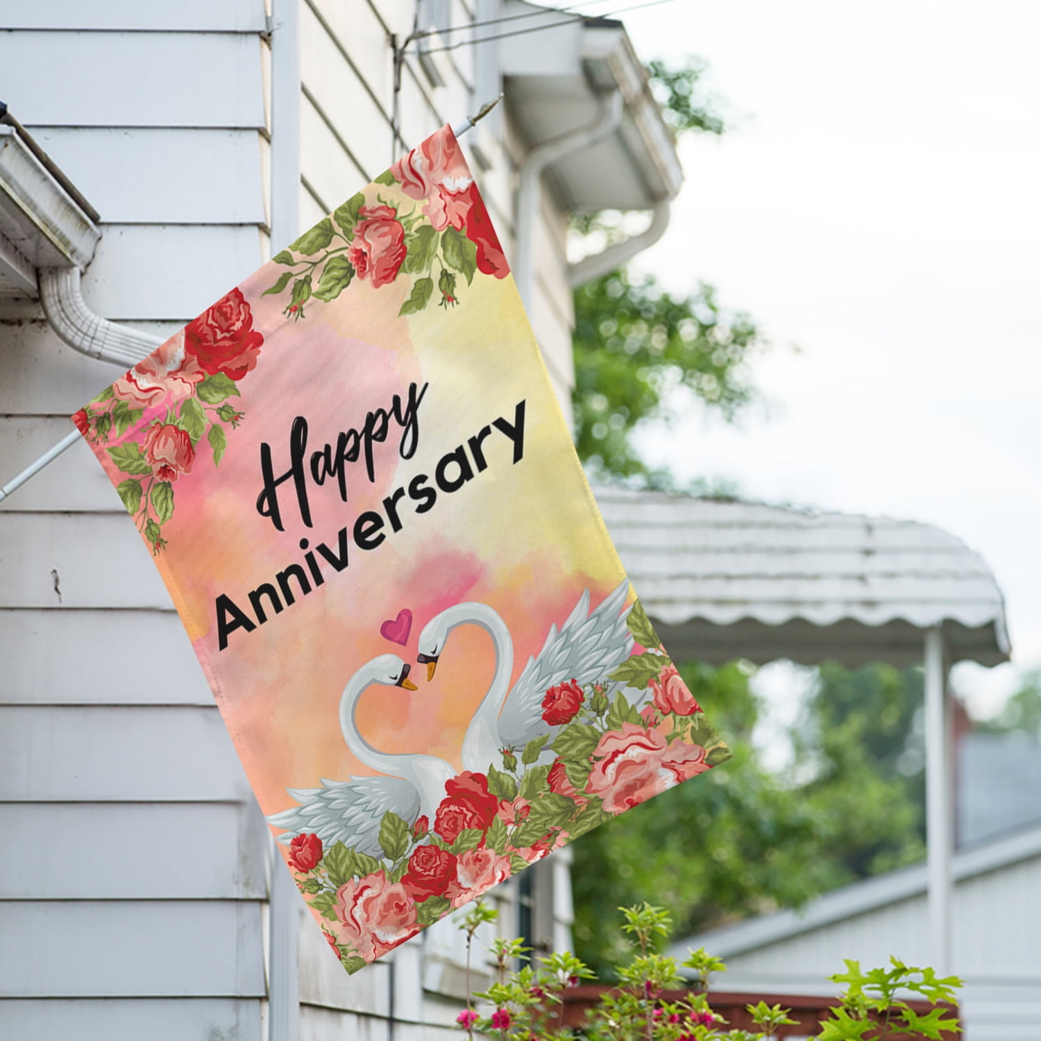 America Forever Happy Anniversary House Flag - 28 x 40 inch Double Sided, Swan Love Valentine's Day, Wedding, Anniversary Outdoor Party Decor, Married Couple Celebration Anniversary Party Flag