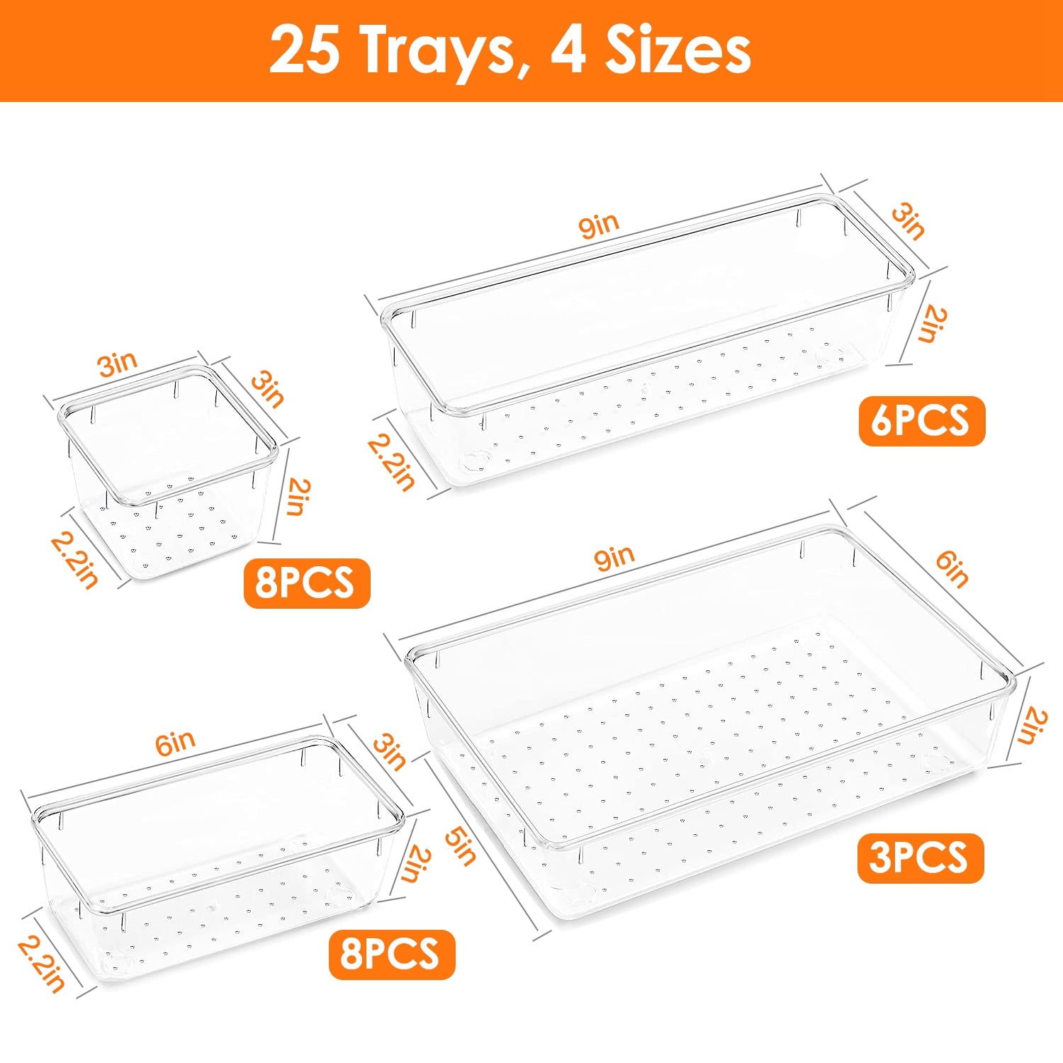 Moclever 25Pcs Clear Plastic Drawer Organizers Set, Stackable Desk Drawer Dividers Trays Storage Bins for Vanity Cabinet Makeup Bathroom Office Kitchen, 4 Sizes