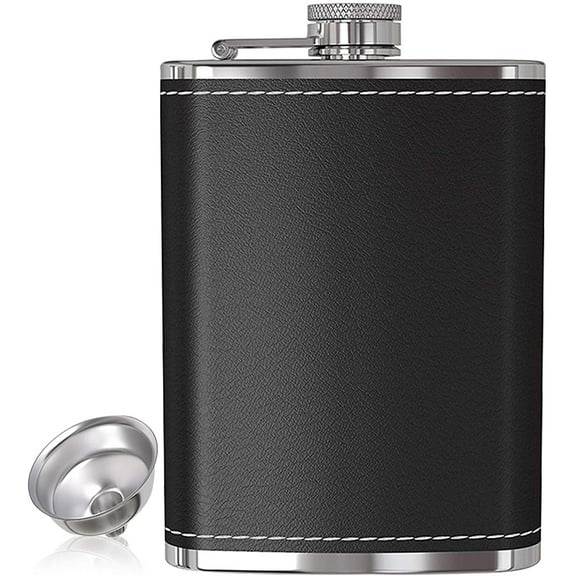 Flask for Liquor and Funnel - 8 Oz Leak Proof 18/8 Stainless Steel Pocket Hip Flask with Black Leather Cover for Discrete Shot Drinking of Alcohol, Whiskey, Rum and Vodka | Gift for Men