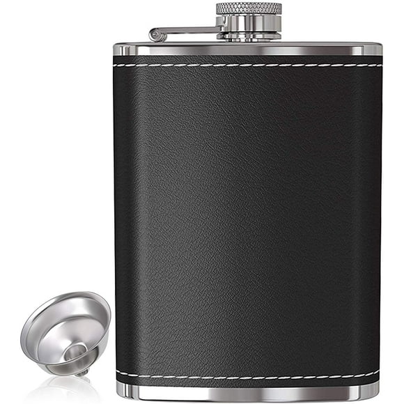 GFDYREE Hip Flask for Liquor 8 Oz with Funnel - Leak Proof Food Grade 18/8 Stainless Steel - Black Leather Cover for Discrete Pocket Shot Drinking of Whiskey, Rum and Vodka Ideal Gift for Me