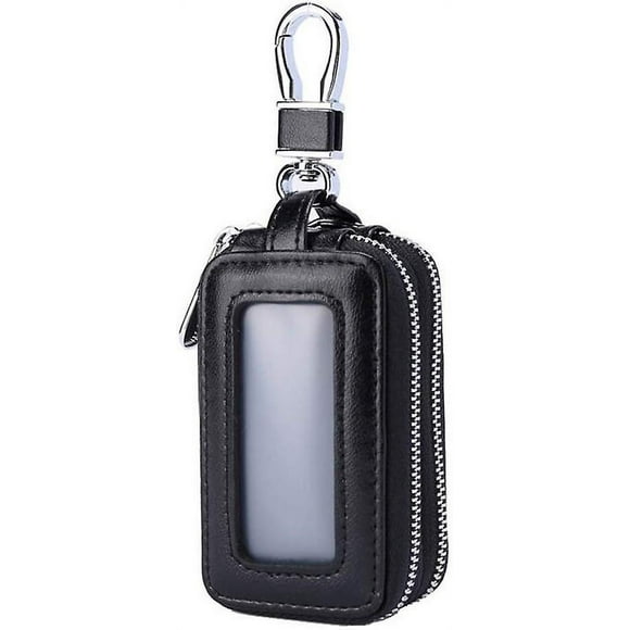 Black Car Key Holder Pouch Double Zip Leather Wallet For Key Protection Clear Window Key Holder For Car Remote