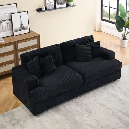 FFZ 88.58 inch 3-Seater Corduroy Sofa with 4 Throw Pillows, Spacious and Comfortable, Black