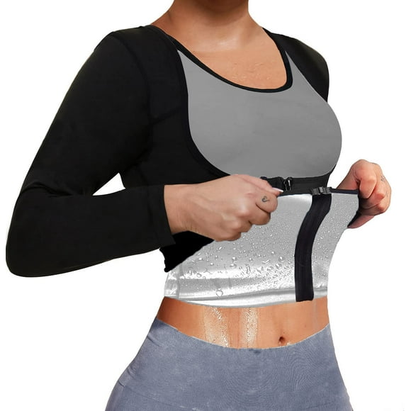 Ensemble de Sauna pour Femmes, Haut d'Entraînement à Manches Longues avec Fermeture Éclair, Gaine de Chaleur, Veste d'Entraînement à la Taille (Argent, Petit)