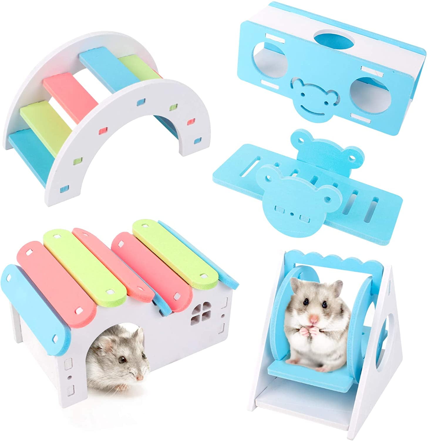 Pet Sport Exercise Toys Set Hamster Cage Accessories for Gerbil Mouse and Small Animals DIY Wooden Hamster Hideout House Rainbow Bridge Hideout Swing and Seesaw Snail House 5 Pcs Hamster Toys Set Rainbow 