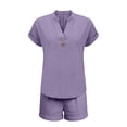 thumbnail image 5 of NMMUED Women 2 Piece Linen Short Sets 2026 Summer Vacation V Neck Short Sleeve Beach Outfits Button Casual Suits Matching Sets Summer Purple S, 5 of 5