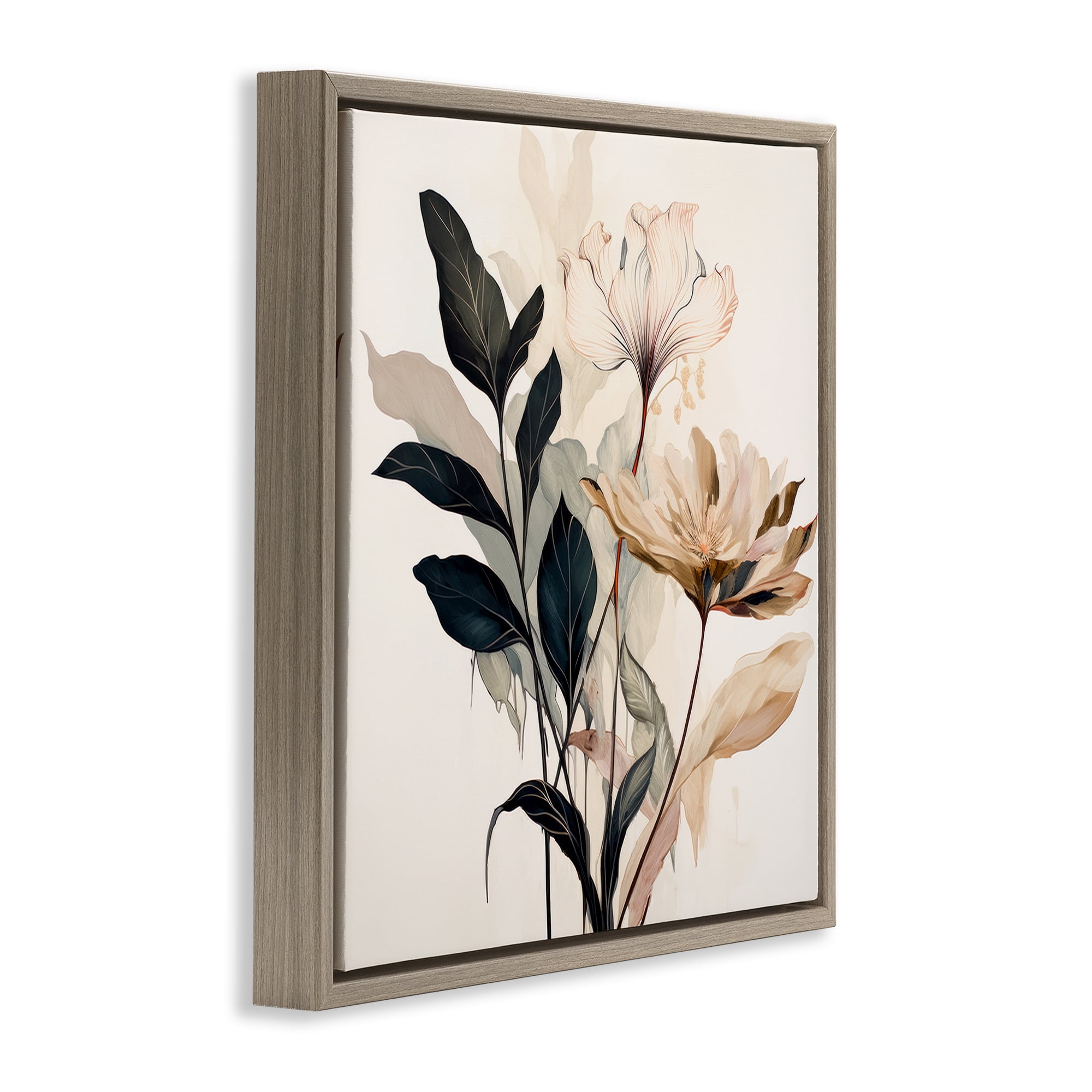 Stupell Industries Leaf Sprig & Flower Plants & Flowers Painting Brown Floater Framed Canvas Art Print Wall Art, 18 x 18