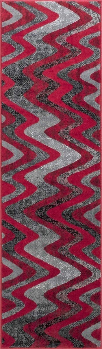 Red Gray Silver Black Abstract Area Rug Modern Zigzag Wave Pattern 1'96" x 6'96" Runner