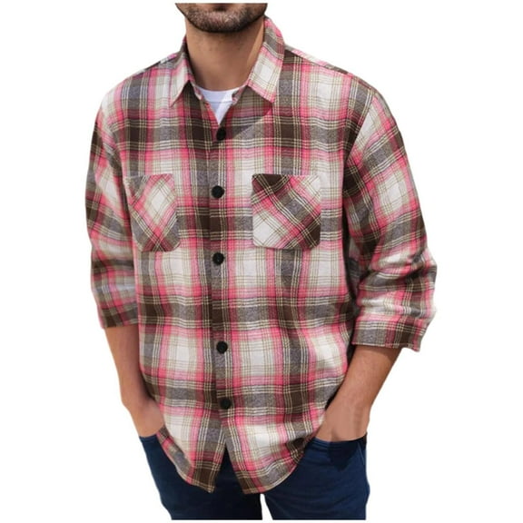 M-5X Big & Tall Wool Shirts for Men with Pockets Plus Size Button-Down Shackets Shirt Mens Trendy Plaid Printed Long Sleeve Collared Work Tops