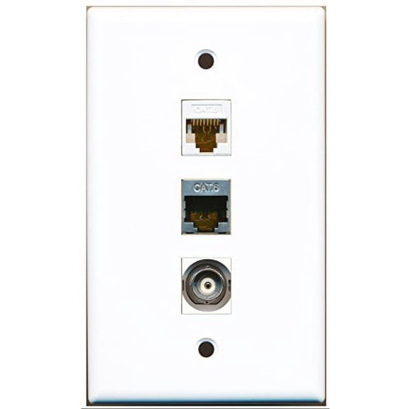 RiteAV - 1 Port Shielded Cat6 Ethernet and 1 Port BNC and 1 Port Cat6 Ethernet White Wall Plate