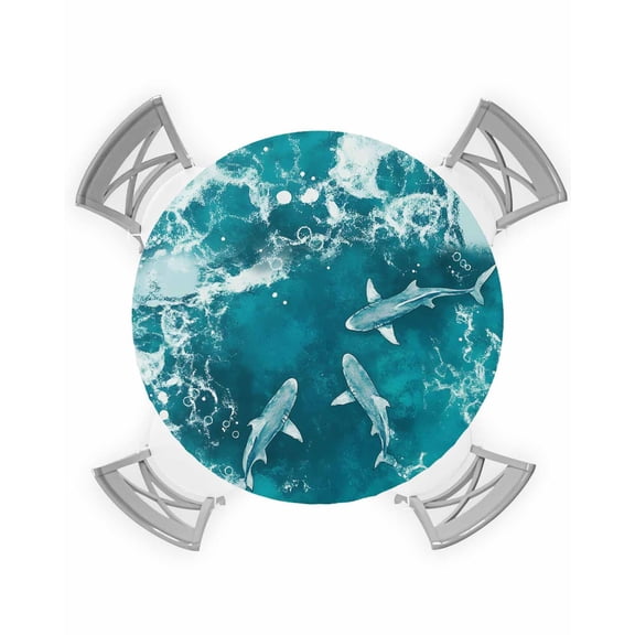 nqOlkjepod Teal Green Ocean Shark Round Tablecloth, Fitted Table Cover with Elastic for 55"-60" Round Tables, Coastal Wave Summer Beach Table Cloth Outdoor Dinning Party Waterproof Tablecloths