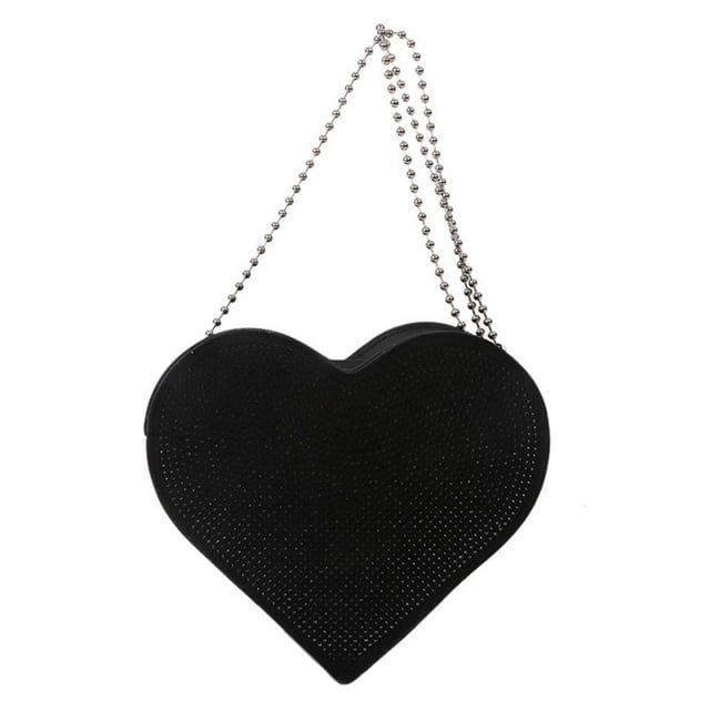 Heart Shaped Rhinestone Shoulder Bag Shiny PU Chain Purse Handbag (Black)