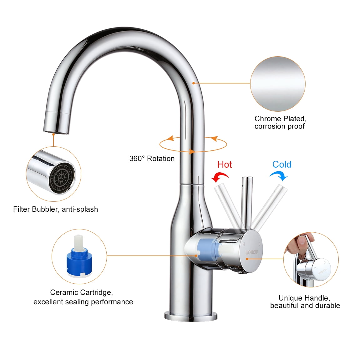 WOWOW  Kitchen Sink Faucet Chrome High Arc Single Handle Kitchen Bar Faucet