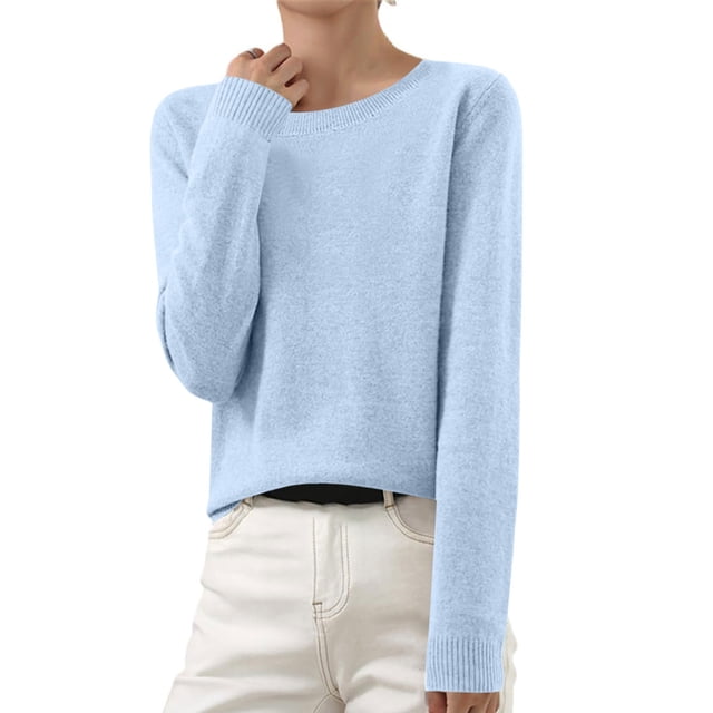 Fartey Chandails pour Femmes Liquidation Automne Manches Longues Col Rond Chandails à Enfiler Hauts Légers Chandails d'Entraînement Couleur Unie Voyage Randonnée Chandail à Enfiler Bleu Ciel m