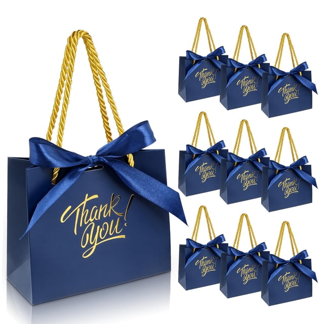 EQOREIIN Paquete de 30 Bolsas Pequeñas de Regalo de Agradecimiento con Asas 14 x 6.1 x 11.9 cm Mini Bolsas de Regalo Azul Marino con Cinta de Lazo Bolsa Pequeña de Obsequios a Gr