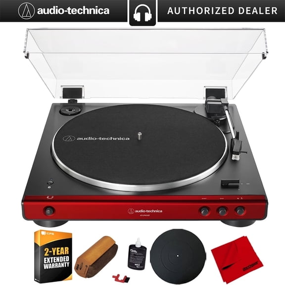 Audio-Technica AT-LP60XBT-RD Fully Automatic Belt-Drive Bluetooth Stereo Turntable, Red/Black Bundle w/ Deco Gear 12" Silicone Rubber Mat   Vinyl Record Cleaning Kit   2YR Enhanced Protection Pack