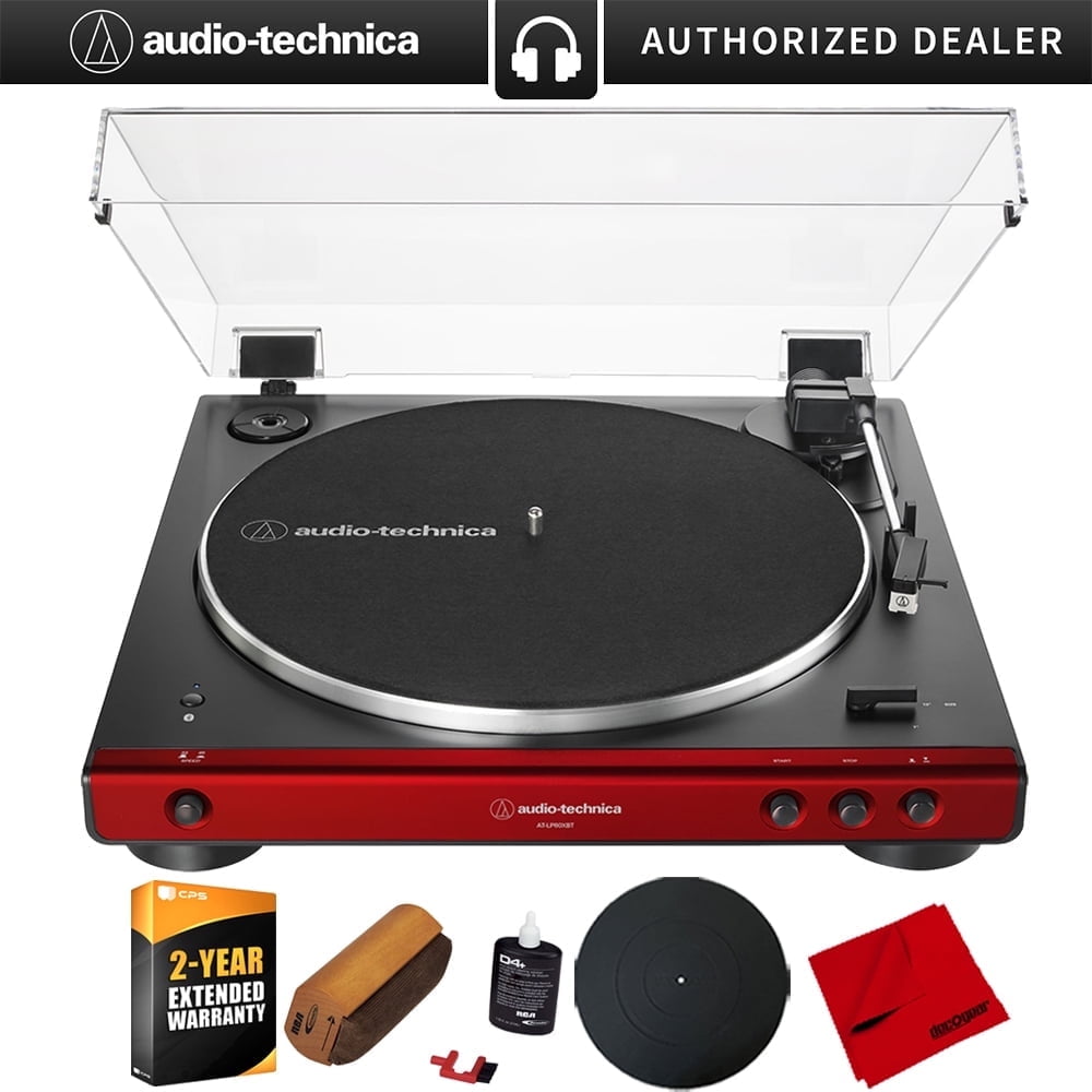 Audio-Technica AT-LP60XBT-RD Fully Automatic Belt-Drive Bluetooth Stereo Turntable, Red/Black Bundle w/ Deco Gear 12" Silicone Rubber Mat + Vinyl Record Cleaning Kit + 2YR Enhanced Protection Pack