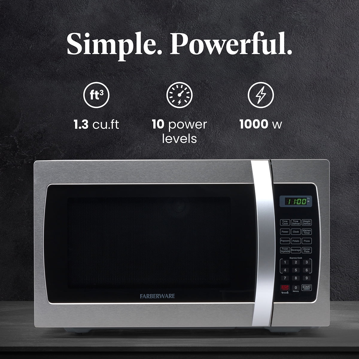 Farberware 1.3 cu ft Microwave Oven, 1100W Compact Microwave Oven with Smart Sensor, Stainless Steel