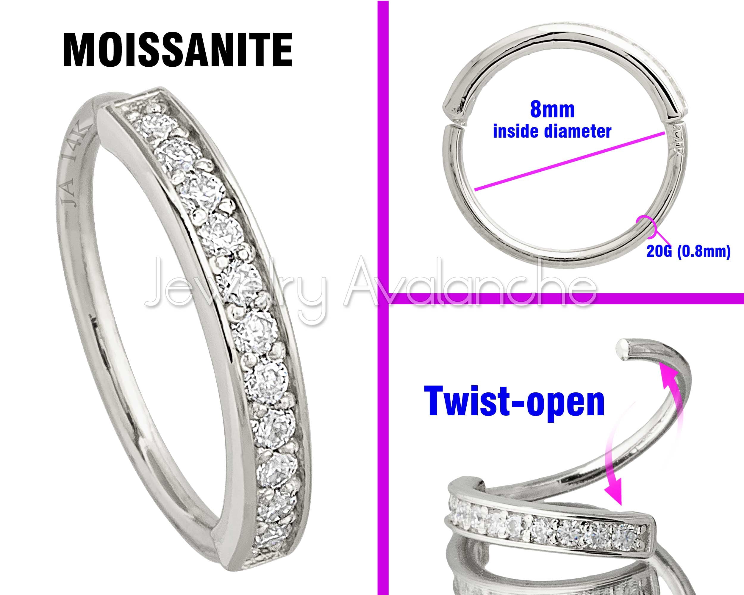 Solid 20G 14Kt White Gold Prong Set 11-Stone Moissanite Nose Ring - Ear Cartilage Ring - April Birthstone Nose Hoop - 11PRS11MNTWG