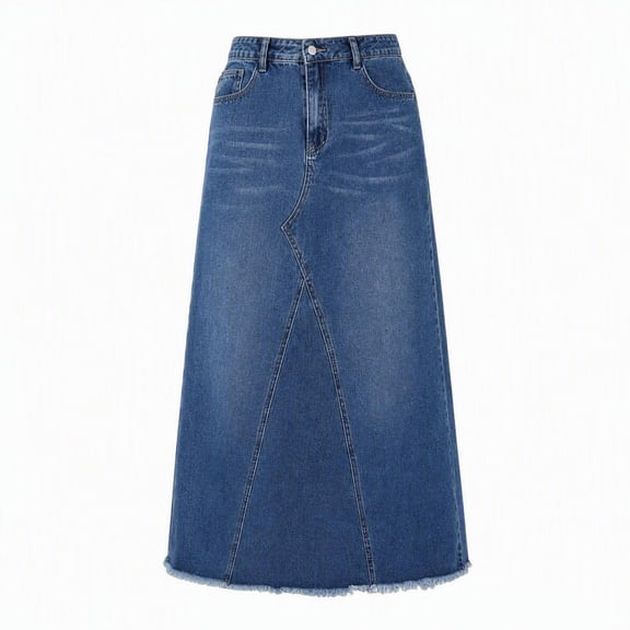 Plus Size Casual Washed Frayed Hem Long Denim Skirt For Daily Holiday Wear