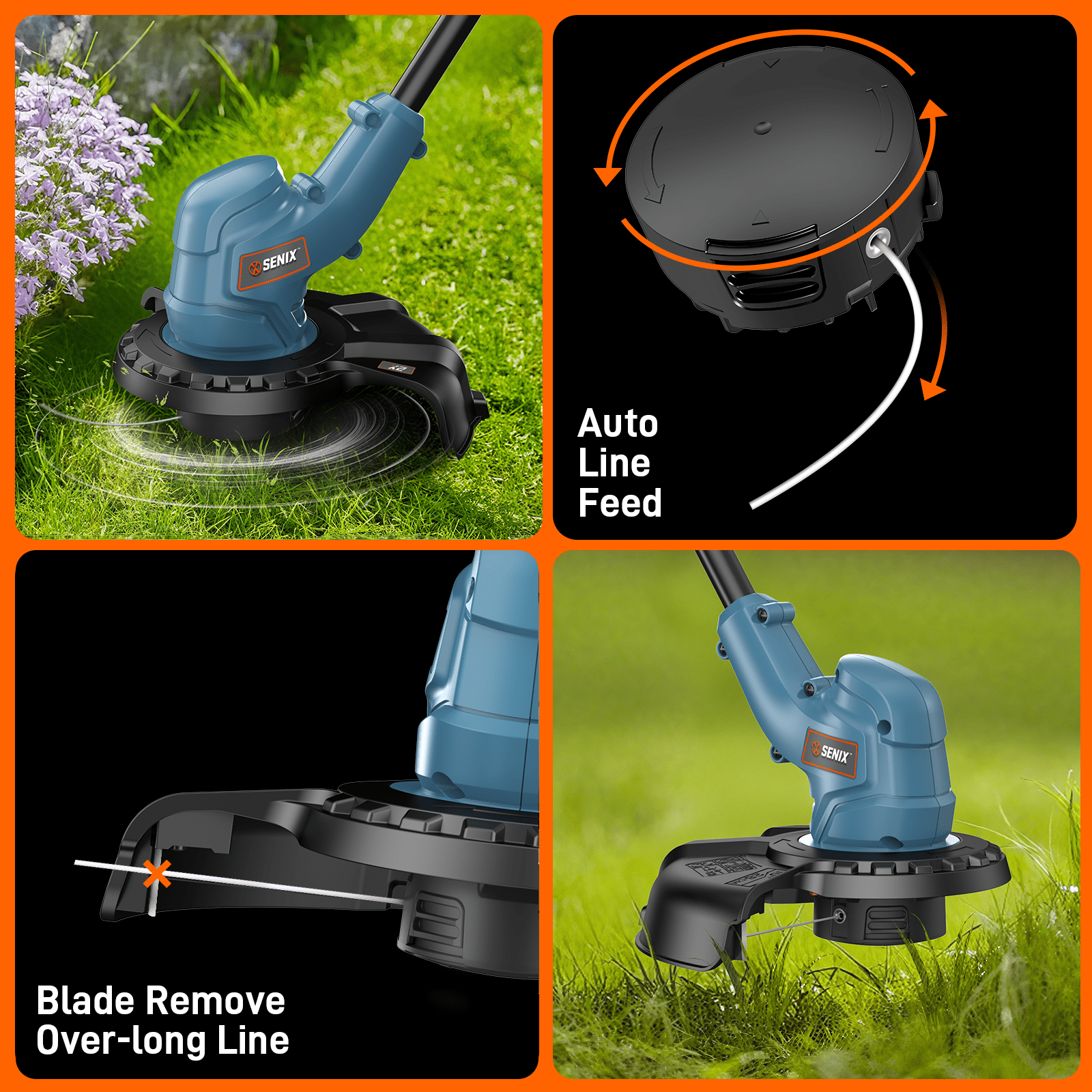 SENIX 20V 10" Cordless Weed Eaters, Grass Trimmer, Rotating Split Shaft, Angle-adjust Assistable Grip, Auto Line Feed w/ 2.0Ah Battery & Charger, GTX2-L