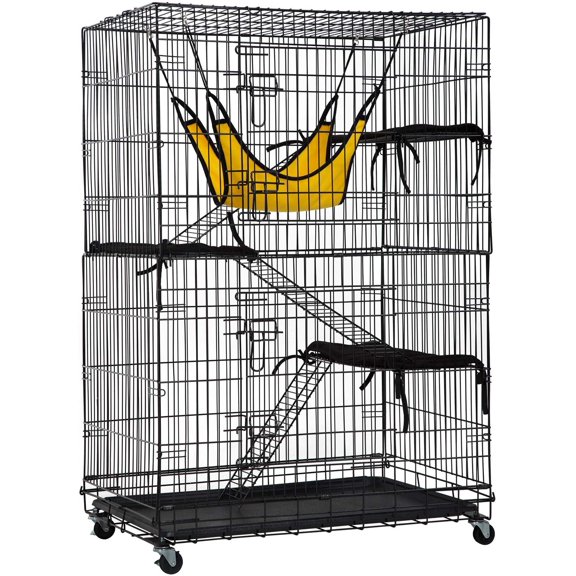 BestPet 48-Inch 4-Tier Cat Cage Kennel – Large Cat Crate Playpen, Hammock, 3 Beds, 2 Front Doors, Ramps & Perch Shelves for Indoor Cats, Black