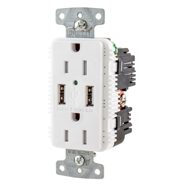 Cargador USB con enchufe Hubbell USB15A5W, tipo A, 15 A, 125 V, blanco