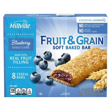 2PK - Millville Blueberry Fruit & Grain Cereal Bars, 8 count
