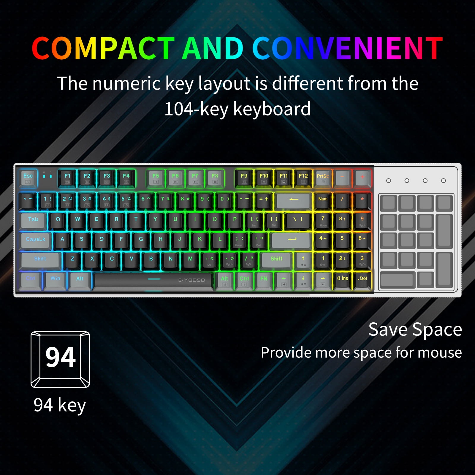 E-YOOSO Z-19 Mechanical Gaming Keyboard with Number Pad, True RGB Backlit, Hot Swappable Blue Switches, Pro Software Supported, Wired Compact 94 Keys for PC/Computer/Laptop, Black Grey