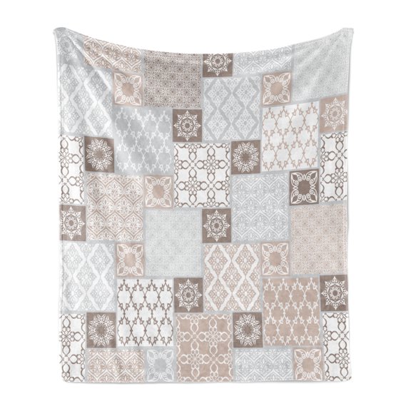 Orient Soft Flannel Fleece Blanket, Oriental Motif Pastel Patchwork Pattern with Filigree Ornaments Illustration, Cozy Plush for Indoor and Outdoor Use, 60" x 80", White Beige Grey, by Ambesonne
