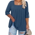 thumbnail image 2 of RYRJJ Plus Size Tops for Women 3/4 Rolled Sleeve Tunics Pleated Front Square Neck T-Shirts Dressy Casual Loose Fit Blouses, 2 of 9