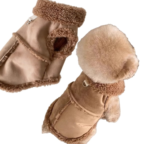 Fleece Lined Suede Dog Winter Vest, Thick Warm Sherpa Collar Puppy Coat with D-Ring, 100% Polyester Windproof Pet Jacket, Cute Brown Cold Weather Outfit for Small Dogs Daily Walking Indoor Loungewear