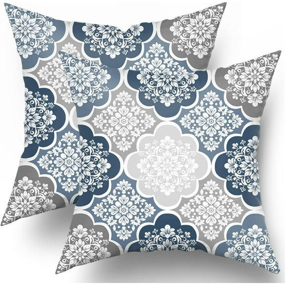 Blue and Grey Boho Pillow Covers 18x18 Inch Pack of 2 Bohemian Sea Blue Gray Floral Throw Pillow Covers Flower Outdoor Pillowcase Cotton Square Cushion Cover for Couch Bed Sofa Couch Home Decor