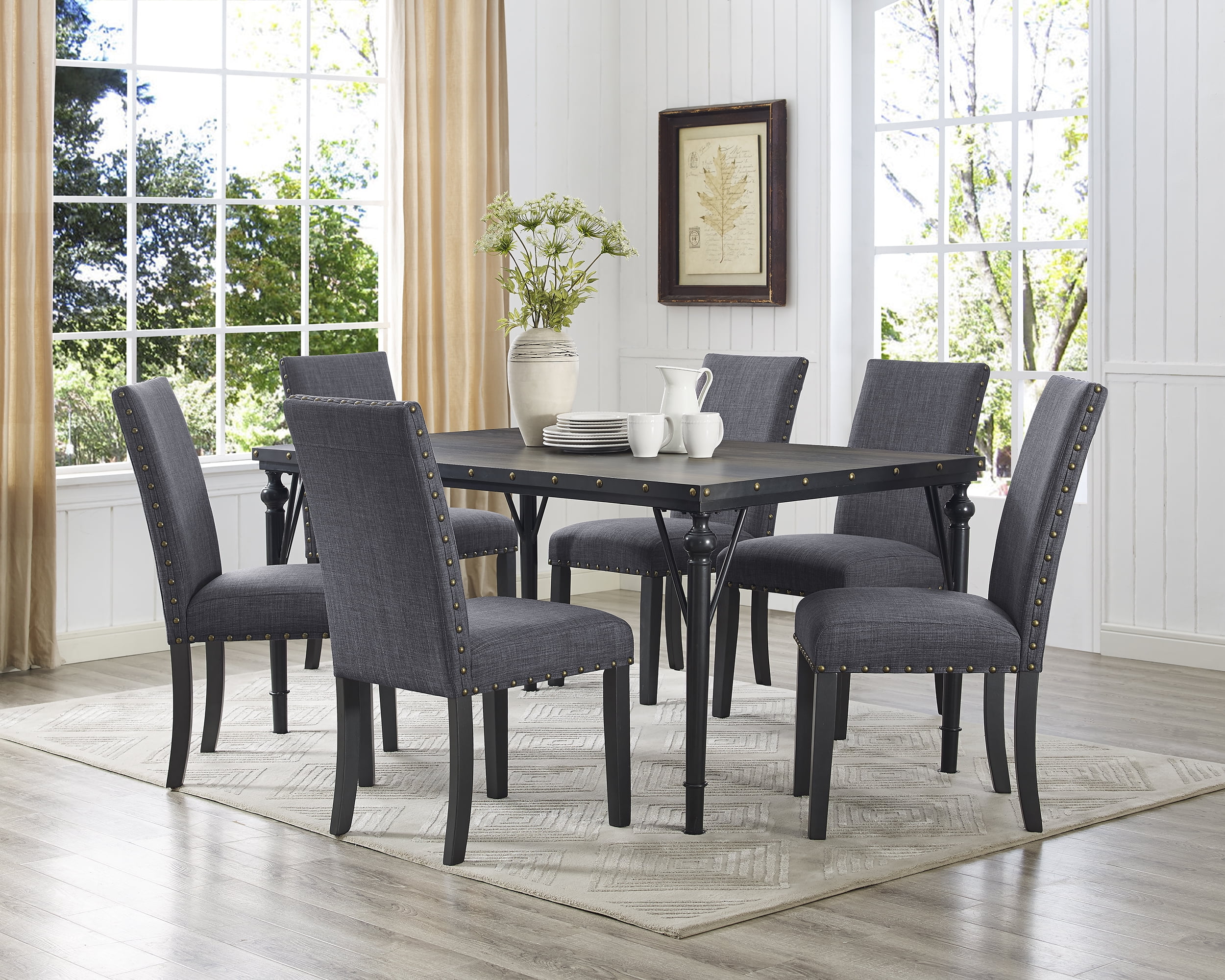 Roundhill Biony 7-Piece Espresso Wood Dining Set with Gray Fabric Nail ...