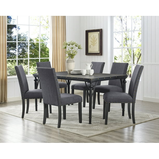 Roundhill Biony 7Piece Espresso Wood Dining Set with Gray Fabric Nail