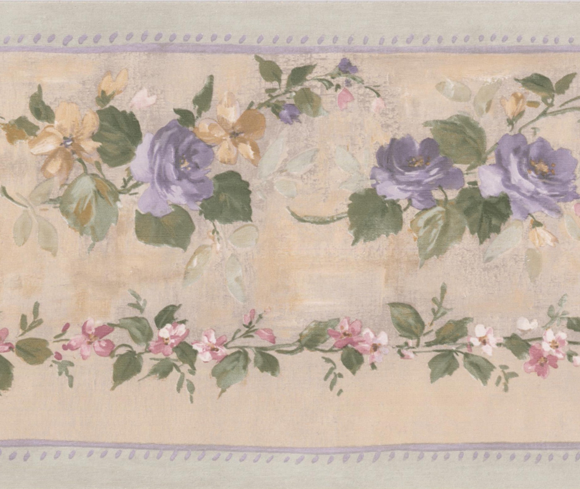 Wallpaper Border - Purple Bloomed Roses on Vine Beige Floral Wall Border Retro Design, Roll 15 ...