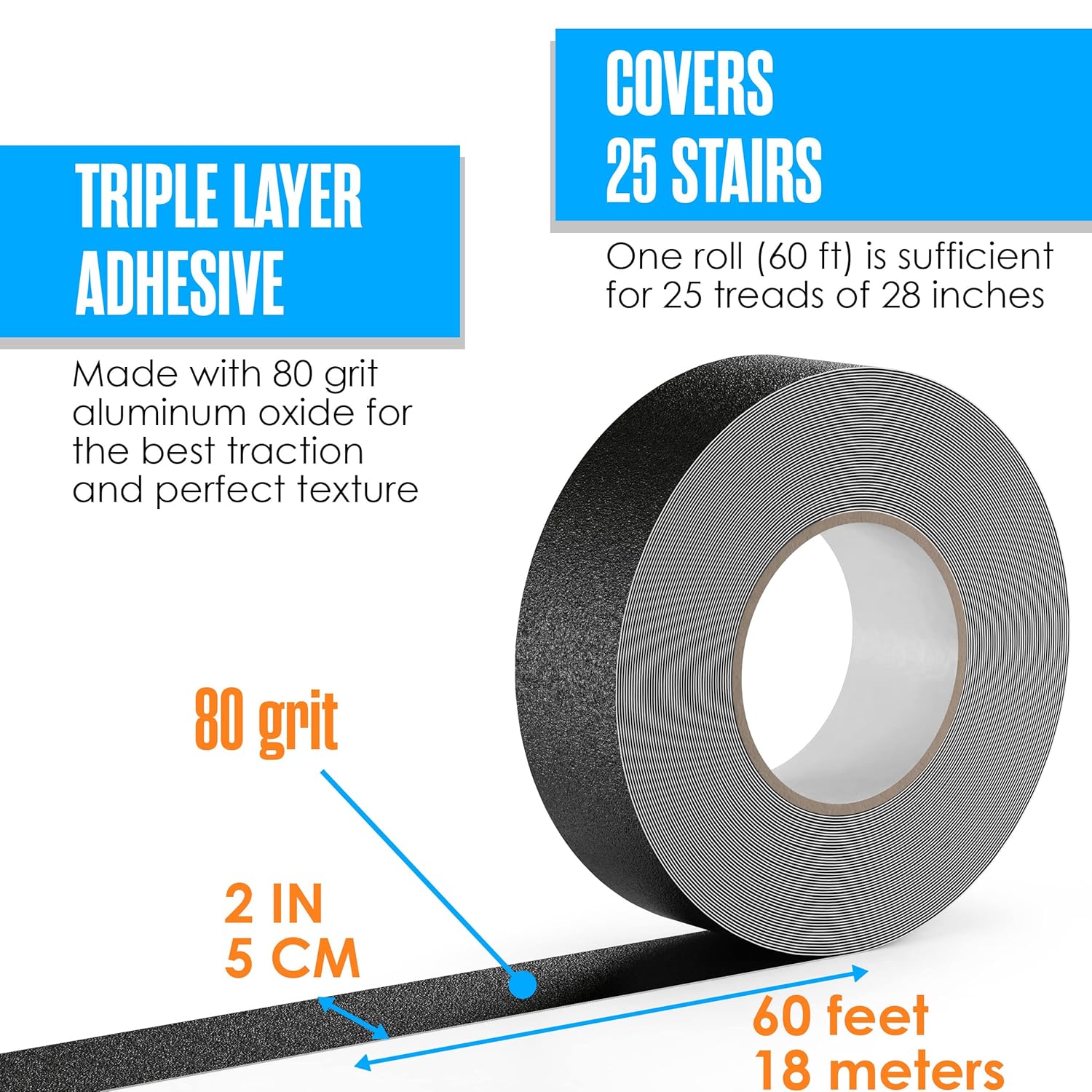 Anti Slip Tape, Grip Tape, Non Slip Stair Treads, Non Skid Strips, Stair Grips, Traction Strips, Outdoor Step Treads, For Steps, Skateboard, Anti Skid, Safety, Adhesive, Black 2INx60FT Roll