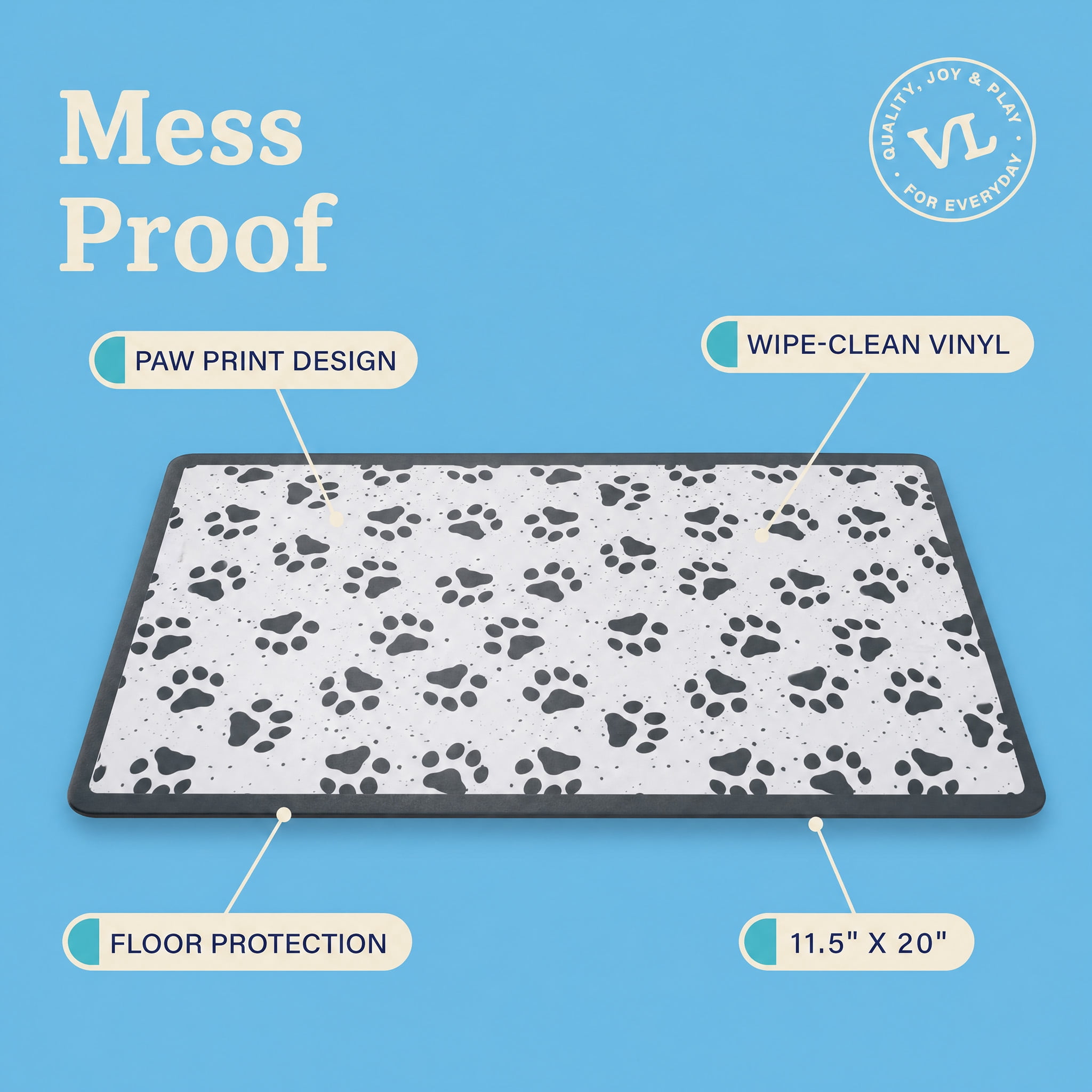 (2 pack) Vibrant Life Vinyl Pet Food Placemat, Blue Paws, 20" x 11.5"